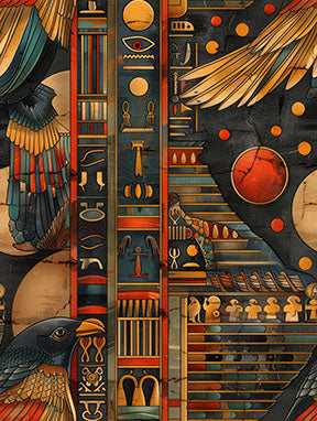 Wadi Home Ancient Egyptian Hieroglyphic Wall Art with pharaohs, gods, and symbols in blue, gold, and red.