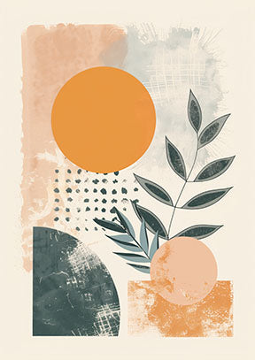 Wadi Home abstract botanical geometric wall art with terracotta, teal, and orange hues. Features textured brushstrokes and organic shapes.
