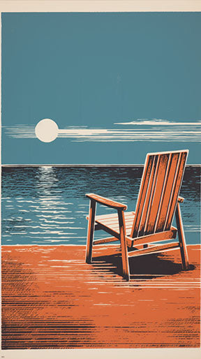 Wadi Home Coastal Adirondack Chair art print featuring a wooden chair on a deck overlooking the ocean at sunset.