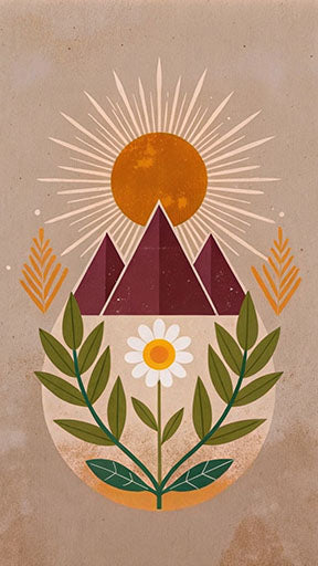 Wadi Home Bohemian Mountain Landscape Wall Art with sun, mountains, and daisy. Earthy tones.