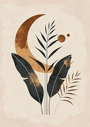 Wadi Home Bohemian Botanical Moon Wall Art with crescent moon and green botanical illustrations on neutral background.