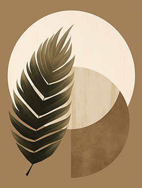 Wadi Home abstract botanical wall art featuring a dark green palm leaf against a backdrop of beige, cream, and brown geometric shapes.