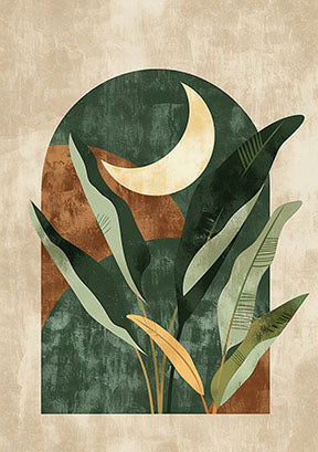 Wadi Home abstract botanical archway moonscape wall art with lush green foliage and a crescent moon. Earthy tones of green, brown, and cream.