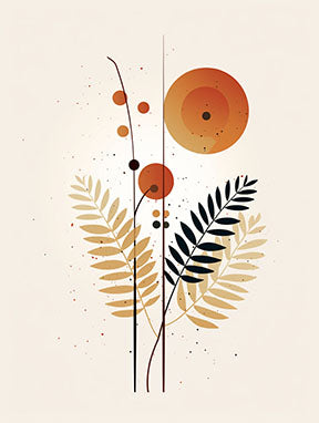 Wadi Home abstract botanical wall art with orange, gold, and black floral motifs and scattered dots on a cream background.