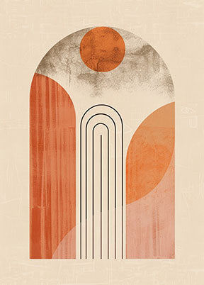 Wadi Home abstract archway geometric wall art with terracotta, beige, and orange tones. Features a sun-like circle and minimalist design.