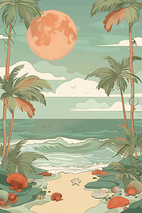 Wadi Home Tropical Beach Moonscape wall art featuring a large orange moon over a serene beach with palm trees and ocean waves.