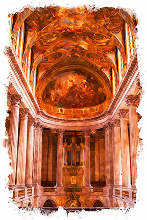 Wadi Home Baroque church interior artwork with ornate ceiling, columns, and organ. Warm, rich color palette.
