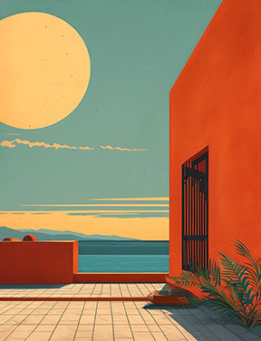 Wadi Home Coastal Sunset Archway Wall Art featuring a minimalist graphic of an orange archway, blue sea, and large yellow sun.