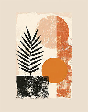 Wadi Home Abstract Botanical Geometric Wall Art with terracotta, black, and beige abstract shapes and a palm leaf.