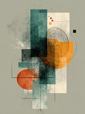 Wadi Home abstract geometric wall art with teal, orange, and cream rectangles, circles, and splatters.