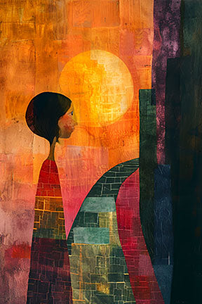 Wadi Home abstract wall art with a figure, sun, and cityscape in warm oranges, deep blues, and earthy tones.