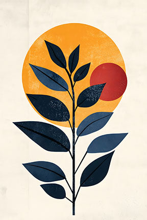 Wadi Home Abstract Botanical Sun Art Print featuring navy blue leaves against a textured orange sun and red circle.