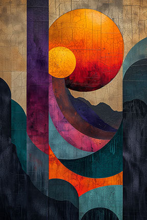Wadi Home abstract geometric sun landscape wall art with oranges, purples, and blues. Textured finish.