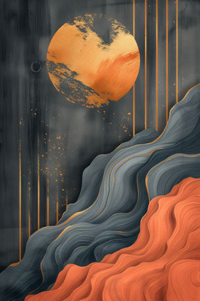 Wadi Home abstract mountain landscape wall art with gray, orange, and gold accents. Textured flowing lines evoke serene natural beauty.