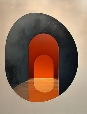 Wadi Home abstract archway wall art with warm orange arches receding into a charcoal oval on a cream background.