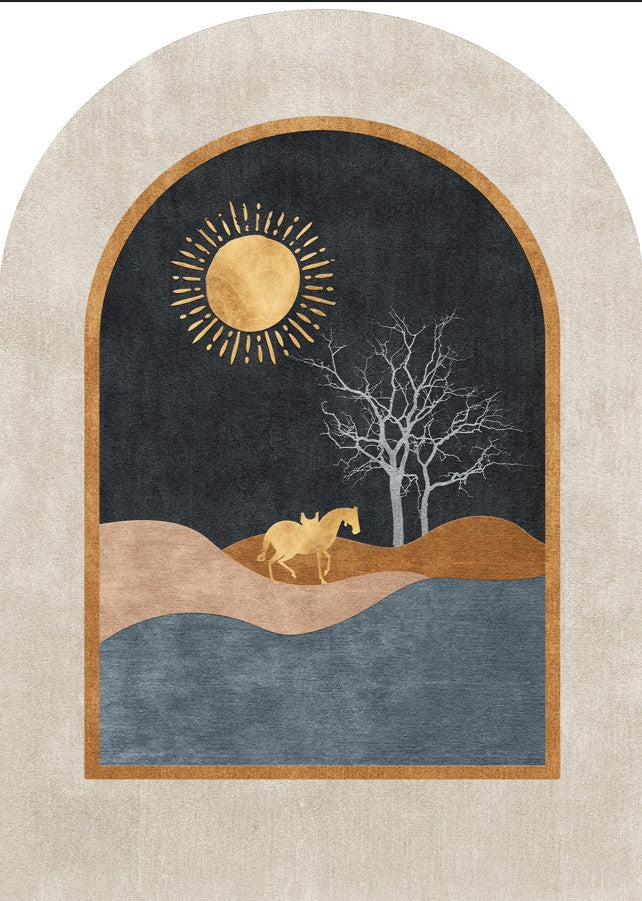 Wadi Home abstract archway landscape print with gold horse, sun, tree, and blue water. Earthy tones.