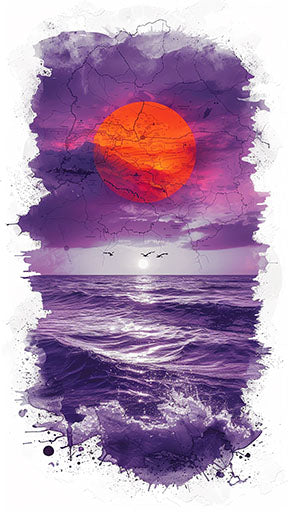 Wadi Home dramatic sunset wall art featuring a vibrant orange sun over a purple ocean with birds flying.