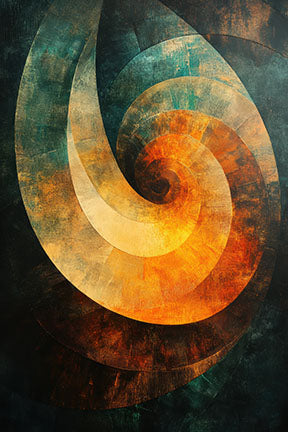 Wadi Home abstract spiral wall art in teal, burnt orange, and yellow with textured finish.