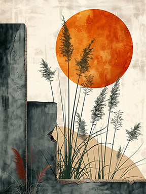 Wadi Home Abstract Sun and Reeds Wall Art with orange sun, grey architectural elements, and tall reeds.