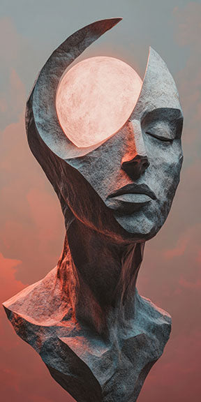 Wadi Home abstract stone sculpture of a head with closed eyes and a glowing celestial orb in place of the forehead.
