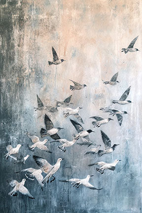Wadi Home abstract wall art featuring a flock of birds in flight, with a textured background in blues, grays, and peachy tones.
