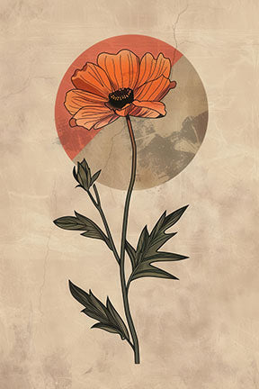 Wadi Home botanical poppy flower wall art with vibrant orange petals on a textured neutral background with abstract circles.