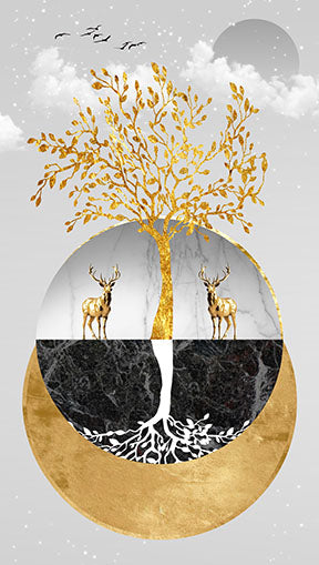 Wadi Home Golden Tree of Life wall art with two deer, marble, and dark stone textures. Abstract nature art.