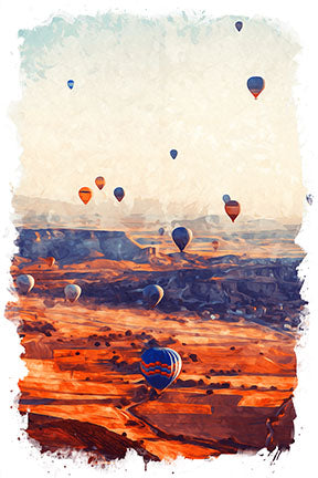 Wadi Home hot air balloon landscape wall art with vibrant painterly style, featuring balloons over a canyon at sunrise in warm, earthy tones.