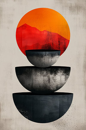Wadi Home abstract art with stacked bowls, gradient sun, and mountain silhouette. Modern bohemian style.
