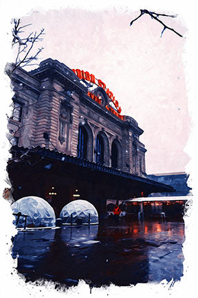 Wadi Home Union Station winter art print. Painterly style shows iconic architecture with red signage, snowy sky, and wet ground reflections.