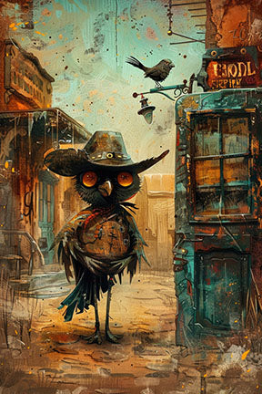 Wadi Home Whimsical Owl Cowboy art print, featuring a cartoon owl in a cowboy hat and vest on a western town street.