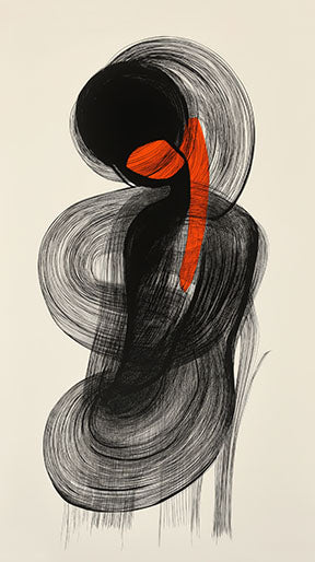 Wadi Home abstract wall art with black brushstrokes and an orange accent on a cream background.