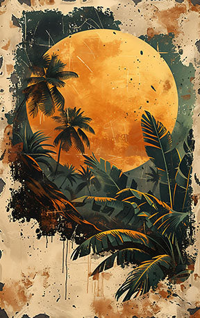 Wadi Home tropical jungle wall art with a large orange moon over silhouetted palm trees and lush foliage in a distressed painterly style.