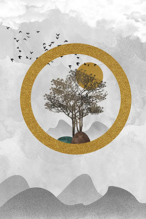 Wadi Home abstract landscape wall art with a tree in a gold circle, misty mountains, birds, and a golden sun. Grey, white, and gold.