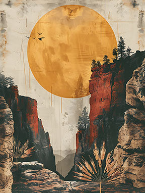 Wadi Home abstract landscape art print featuring a large orange sun over a canyon with red rock formations and silhouetted trees.