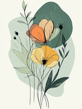 Wadi Home abstract floral botanical line art with orange and yellow flowers and green foliage.