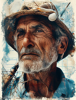 Wadi Home weathered fisherman portrait art print, featuring a close-up of an elderly man with a straw hat adorned with seashells. Blue and beige tones.