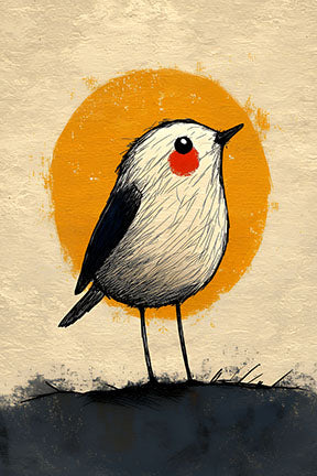 Wadi Home whimsical bird art print with textured orange sun background. Features a black and white bird with red cheeks.