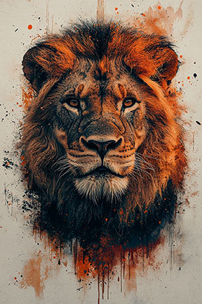 Wadi Home abstract watercolor lion portrait wall art in orange, black, and brown with paint splatters.