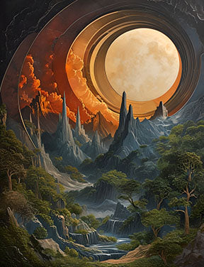 Wadi Home cosmic landscape print featuring a ringed planet over alien mountains, forests, and waterfalls. Vibrant orange sky contrasts with blue and green terrain.