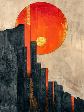 Wadi Home abstract mountain sunburst wall art with dark textured mountains and vibrant orange sunburst.