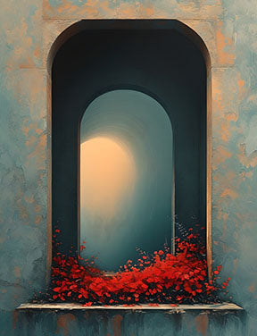 Wadi Home Archway with blooming red flowers wall art, textured teal and gold frame, Mediterranean style.