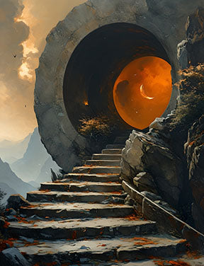 Wadi Home mystical stairway wall art with stone steps leading to a glowing celestial portal, dramatic sky.