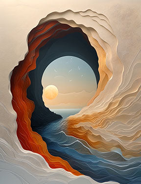 Wadi Home abstract cave landscape wall art with layered earth tones and ocean blues, featuring a sunset through an archway.