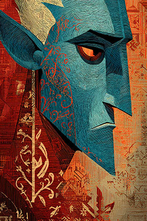Wadi Home abstract portrait wall art featuring a blue-faced figure with red and gold accents. Detailed linework and textured background.