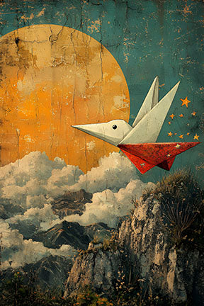 Wadi Home wall art: white and red origami bird flying over textured mountains under a large orange moon and starry sky.