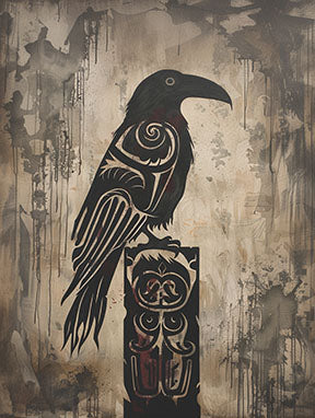 Wadi Home Tribal Raven Wall Art featuring a black raven silhouette with tribal patterns on an abstract, textured background in earthy tones.