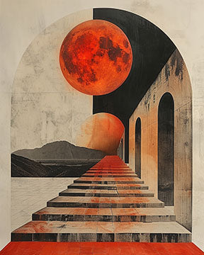 Wadi Home surreal archway print with red moon and stairs, abstract art, modern aesthetic
