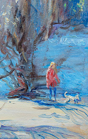 Wadi Home impressionist oil painting of a woman in a red coat walking a white dog in a snowy landscape with blue hues.