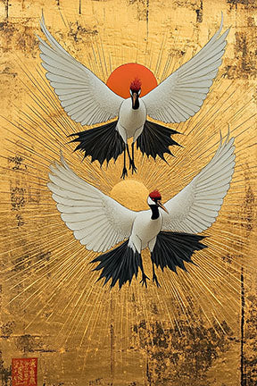 Wadi Home artwork of two white cranes with red crests flying against a golden sunburst background. Japanese-inspired wall art.